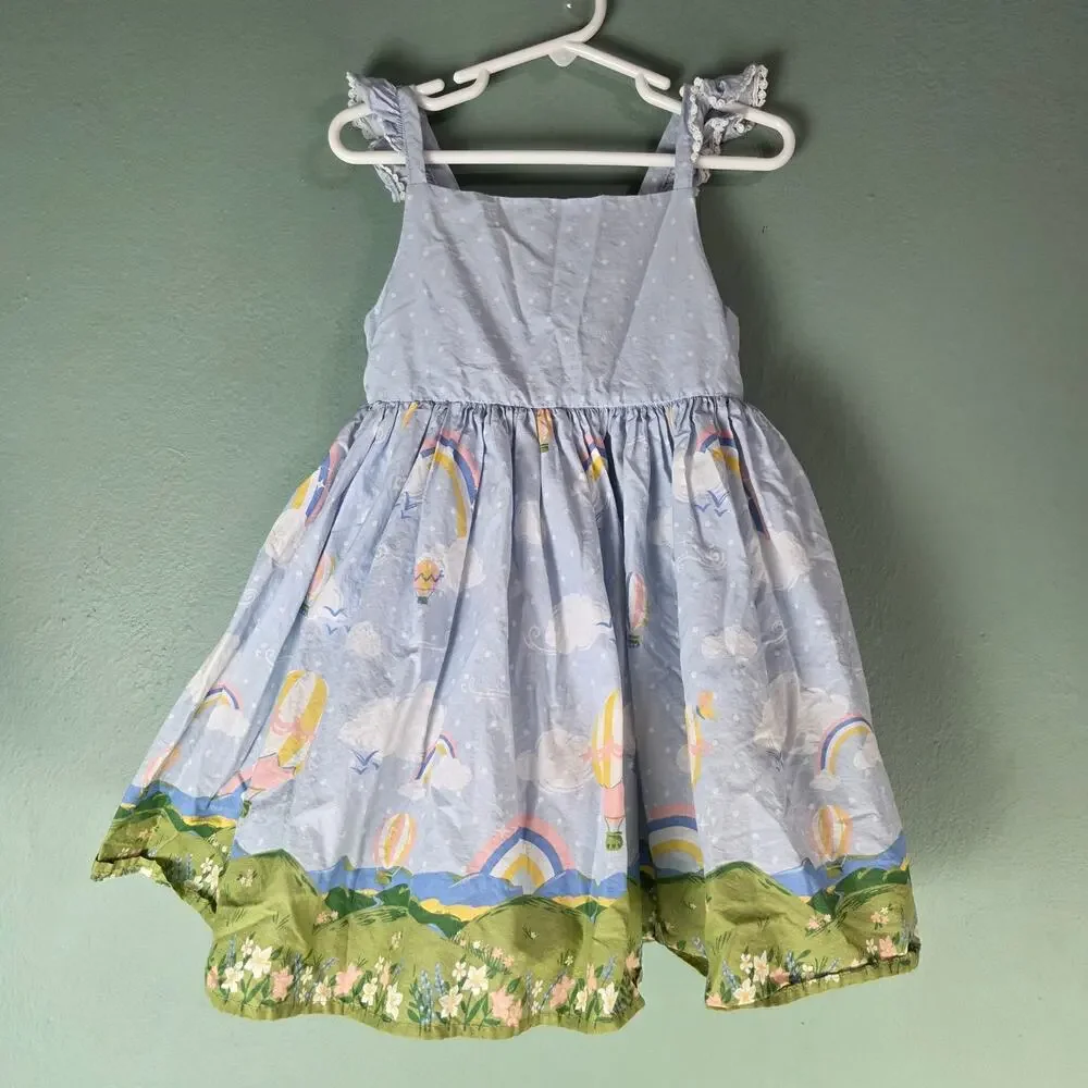 Cynthia Rowley Girls Blue Polka Dot Hot Air Balloon Rainbow Dress 4T Whimsical